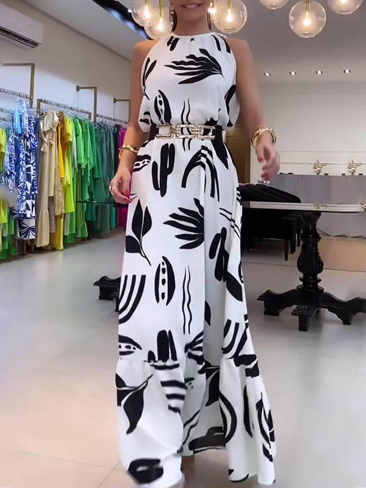 Unique print, tied neckline, loose cocktail maxi dress