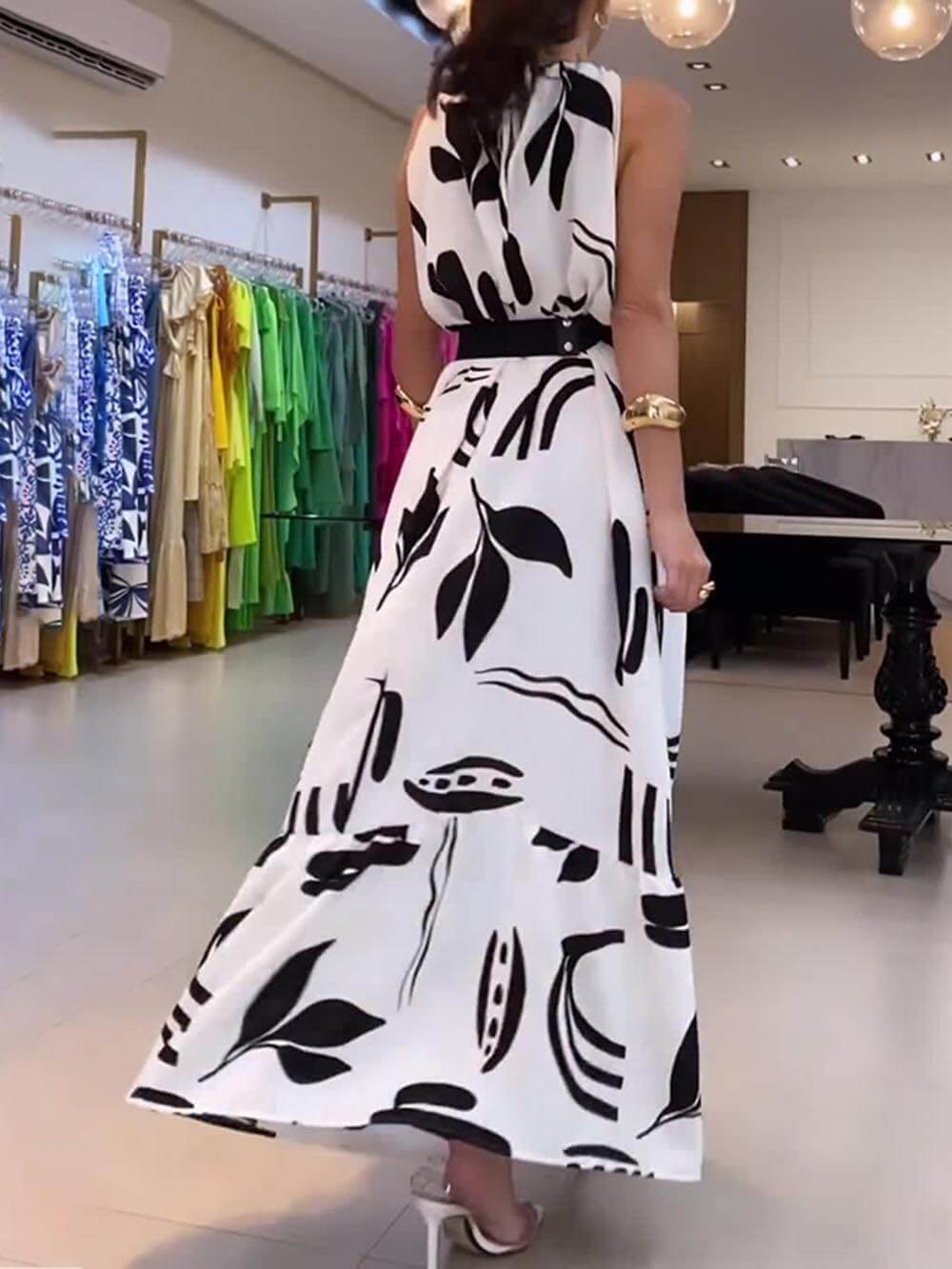 Unique print, tied neckline, loose cocktail maxi dress