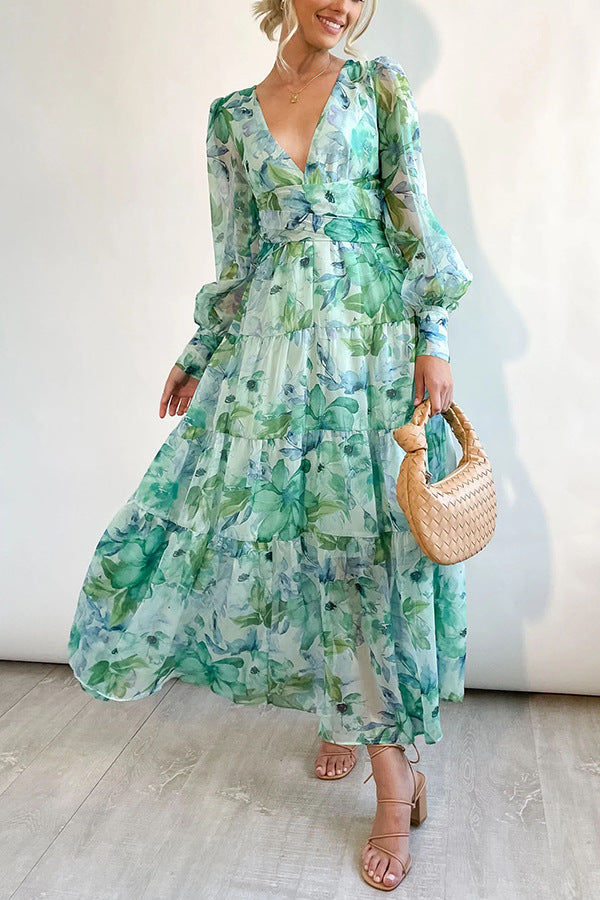 Painted Inspiration Maxi Dress with Balloon Sleeves and Flowers