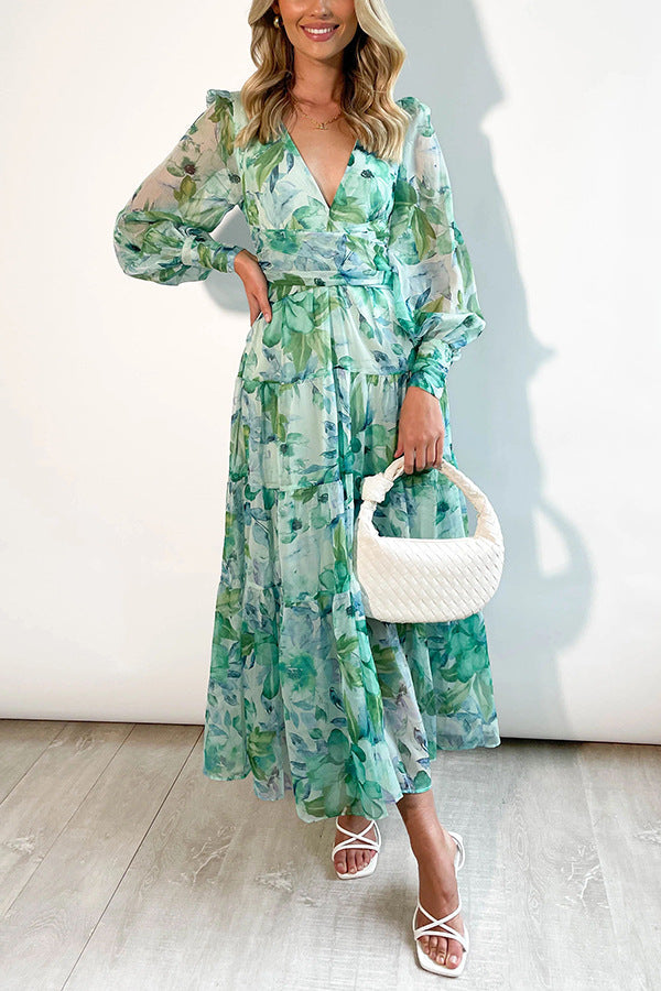 Painted Inspiration Maxi Dress with Balloon Sleeves and Flowers