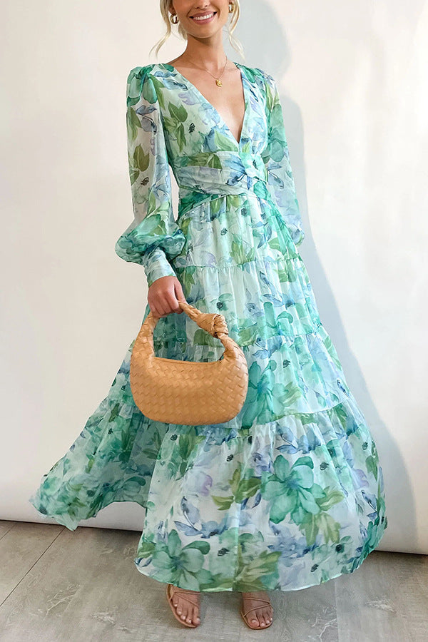 Painted Inspiration Maxi Dress with Balloon Sleeves and Flowers