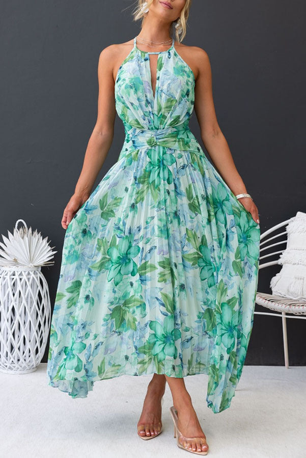 Robe longue plissée à imprimé floral turquoise et décolleté découpé