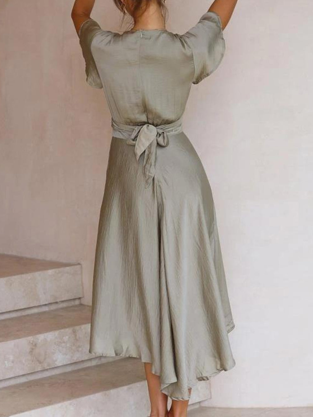 Sage Satin Maxi Wrap Dress: Cut Out Front