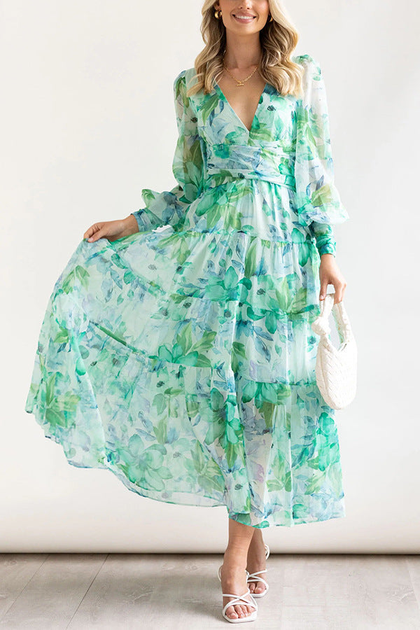 Painted Inspiration Maxi Dress with Balloon Sleeves and Flowers