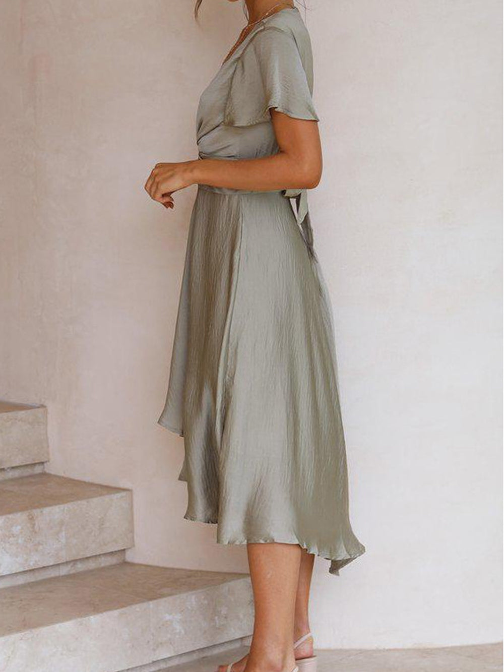 Sage Satin Maxi Wrap Dress: Cut Out Front