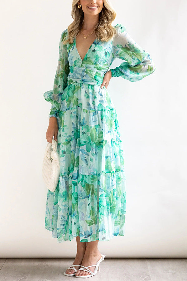 Painted Inspiration Maxi Dress with Balloon Sleeves and Flowers