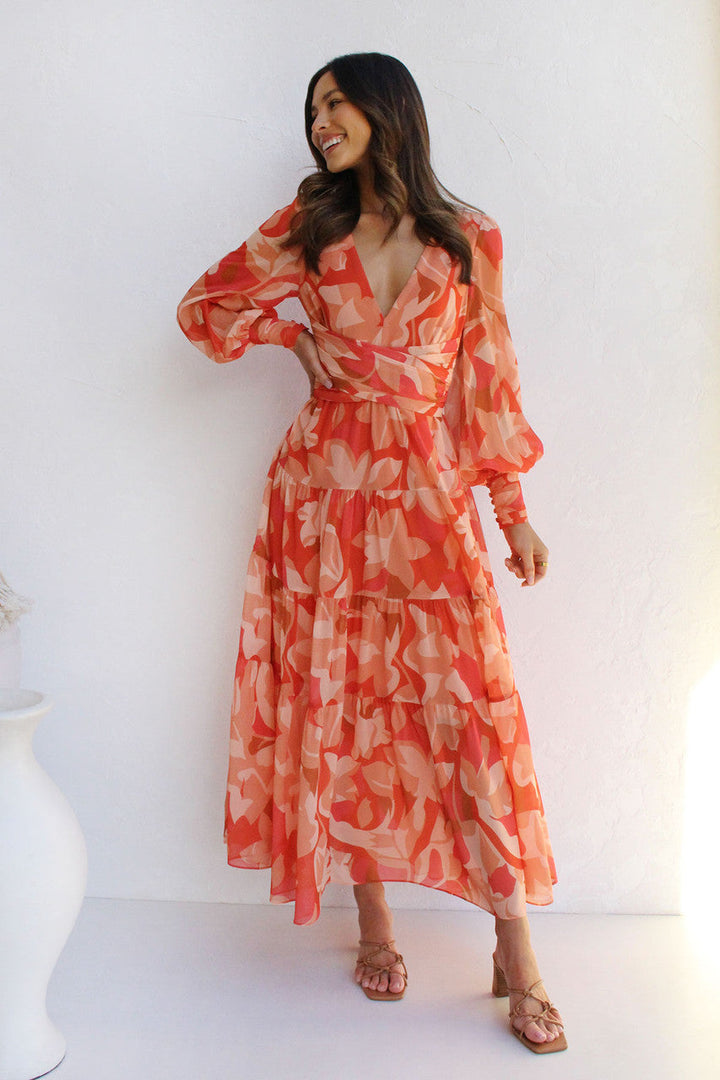 Painted Inspiration Maxi Dress with Balloon Sleeves and Flowers