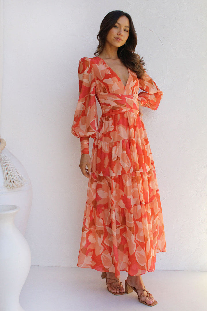 Painted Inspiration Maxi Dress with Balloon Sleeves and Flowers