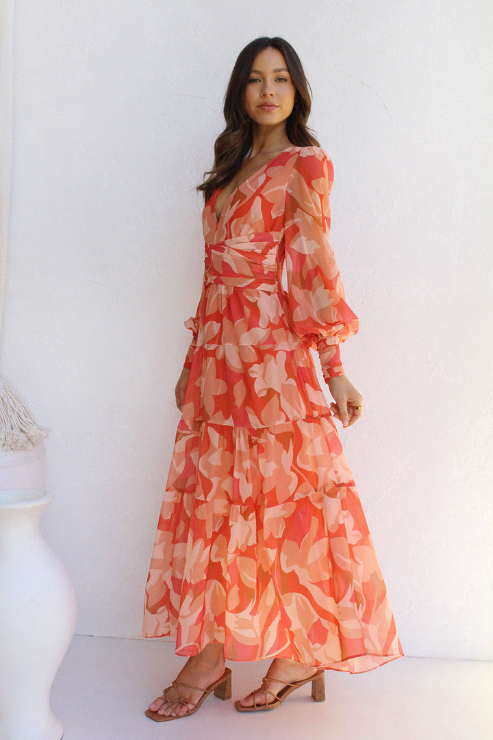 Painted Inspiration Maxi Dress with Balloon Sleeves and Flowers