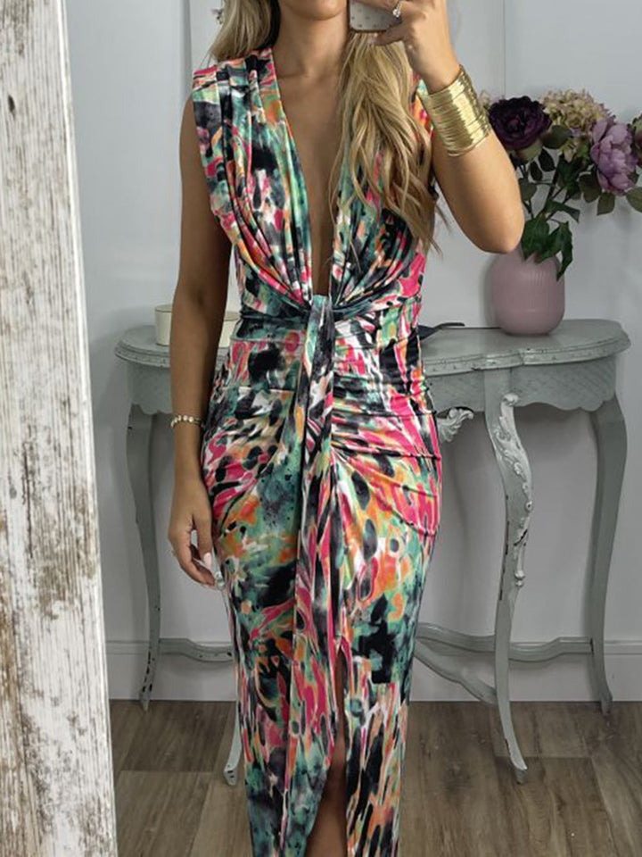 Tie-Dye Deep V Ruched Knotted Maxi Dress