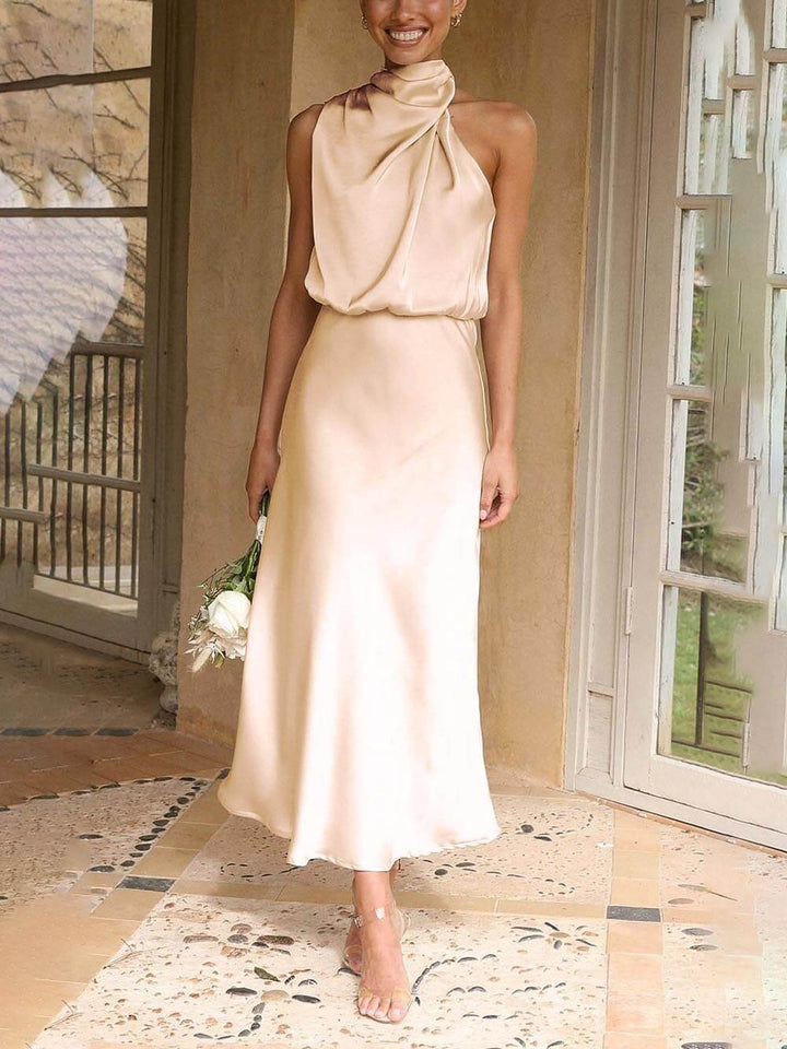 Unique Sleeveless High Neck Bridesmaid Maxi Dresses