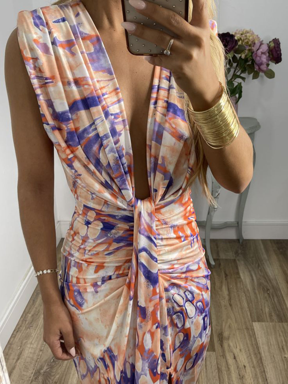 Tie-Dye Deep V Ruched Knotted Maxi Dress