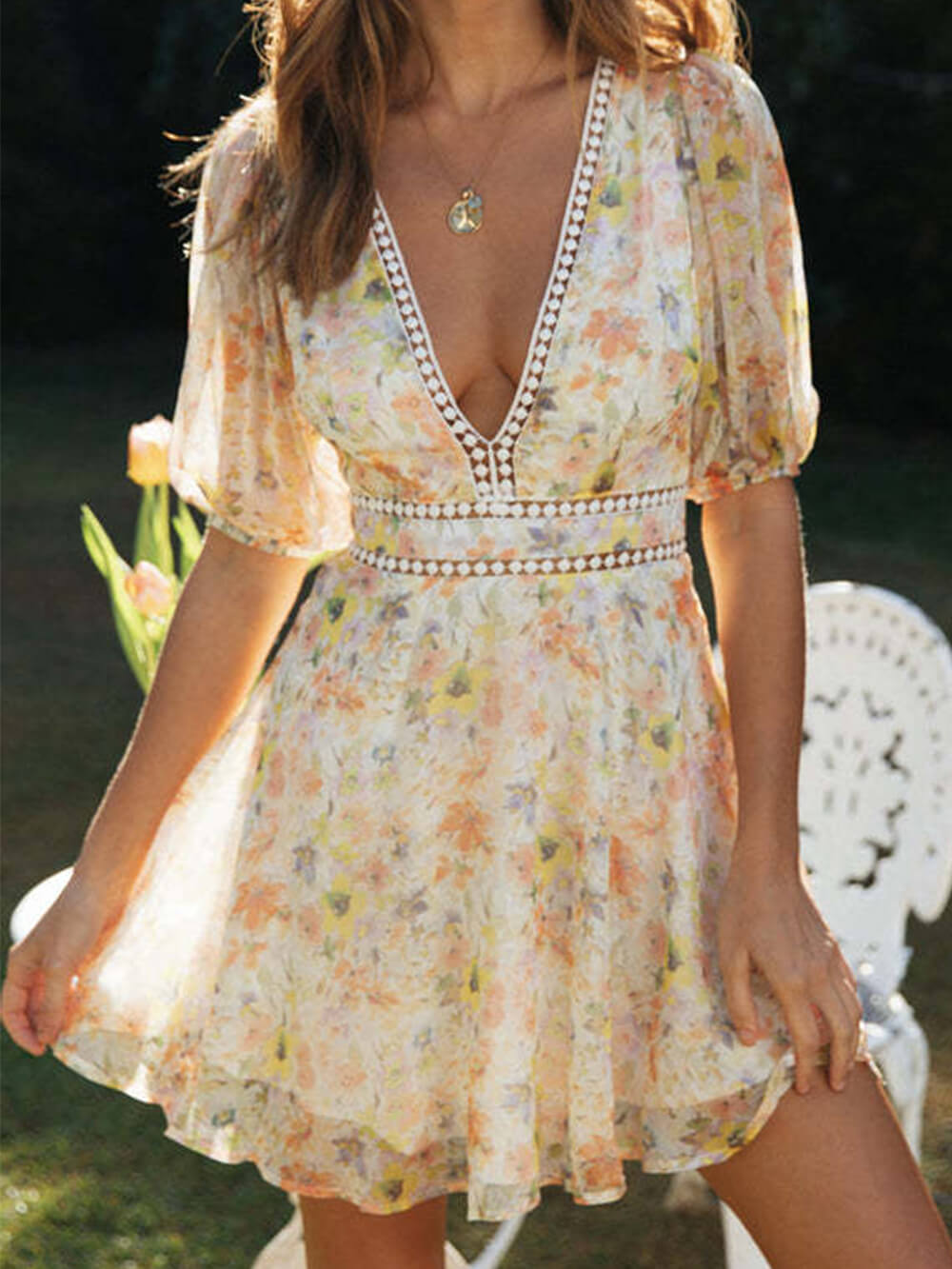 Chiffon Print Mini Dress with V-Neck and Puff Sleeves