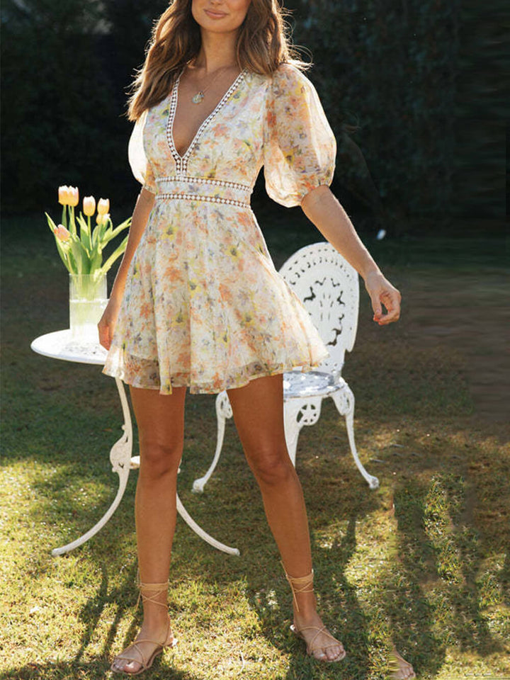 Chiffon Print Mini Dress with V-Neck and Puff Sleeves