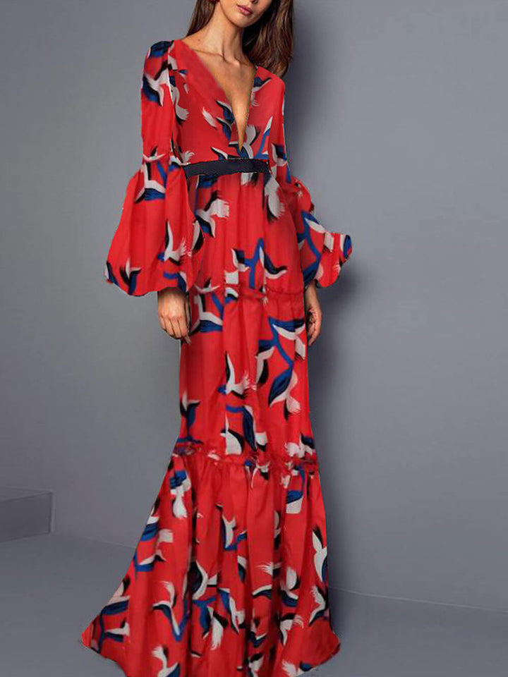 Sexy maxi dress with V-neck and waistband