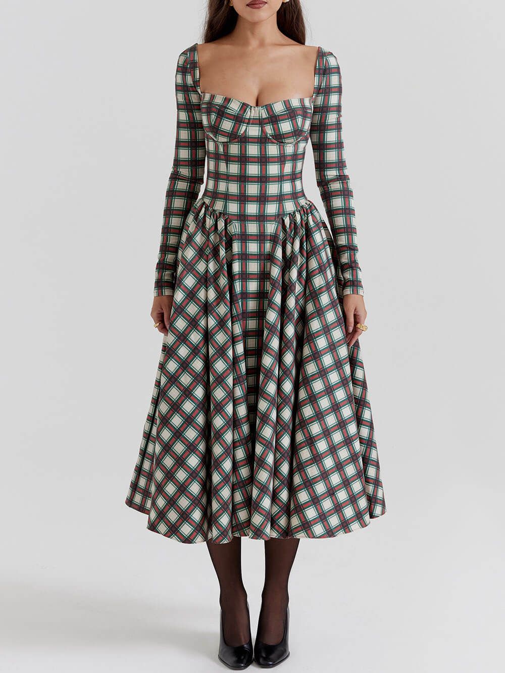 Rode Tartan korset midi-jurk