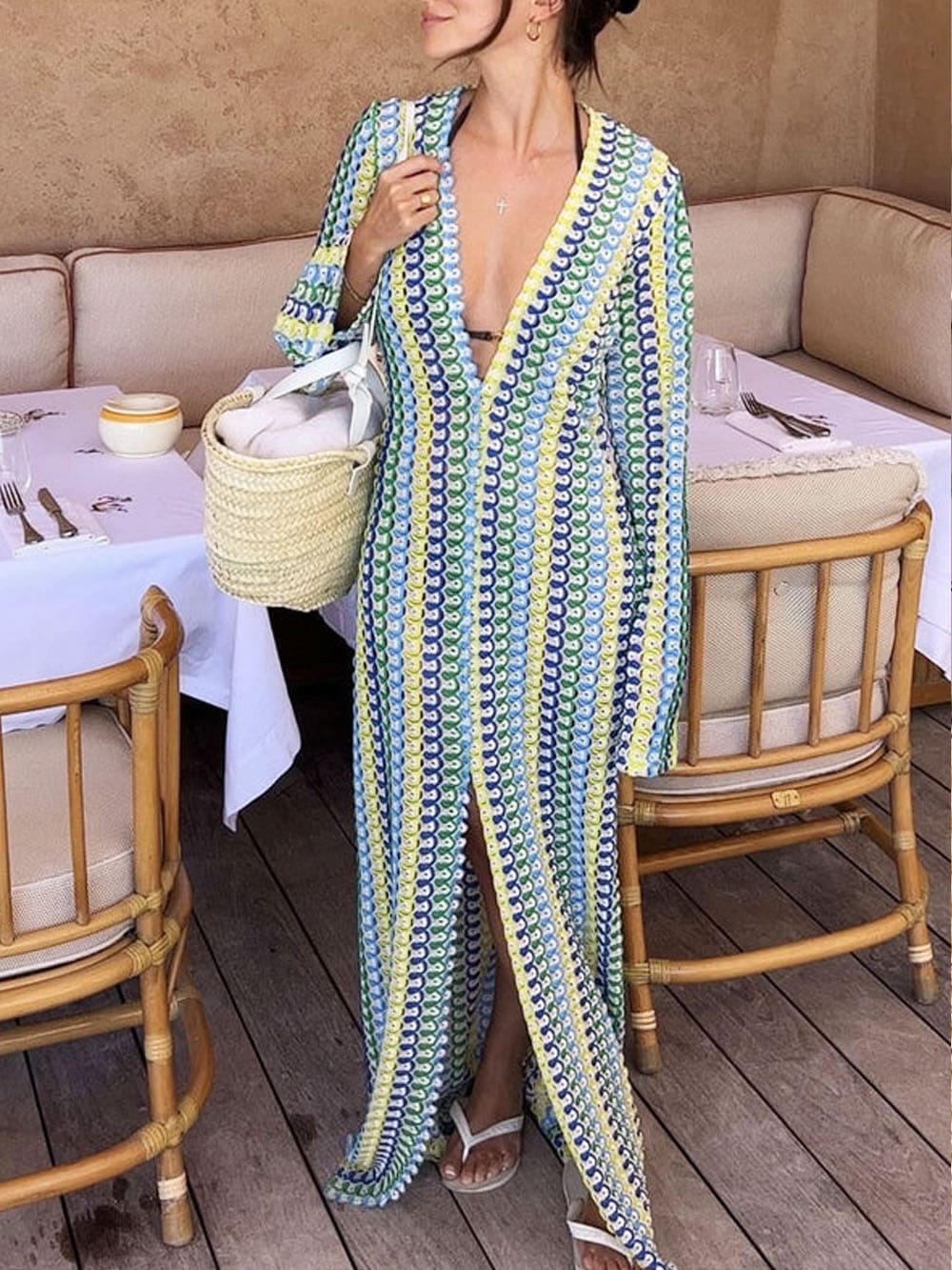 Boho V-hals Bell Sleeve Golvend Gestreepte Gehaakte Strandvakantie Maxi-jurk - Geel