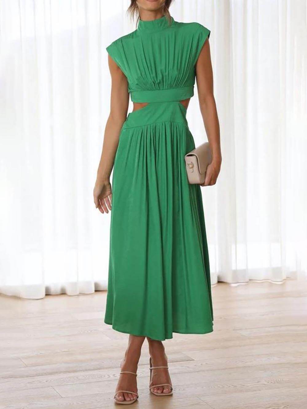 Holiday midi dress with cutout waist and pockets