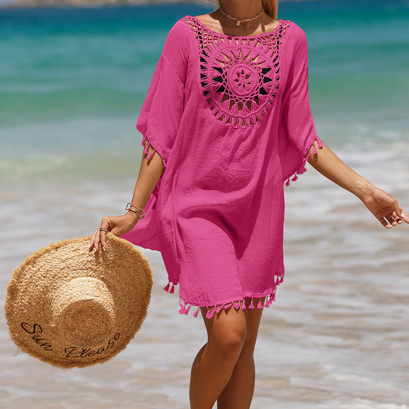 Handgehaakte losse franje zonnebloem strandblouse cover-up