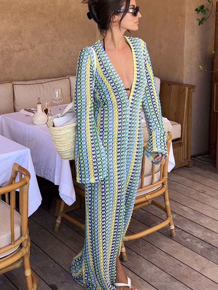 Boho V-hals Bell Sleeve Golvend Gestreepte Gehaakte Strandvakantie Maxi-jurk - Geel