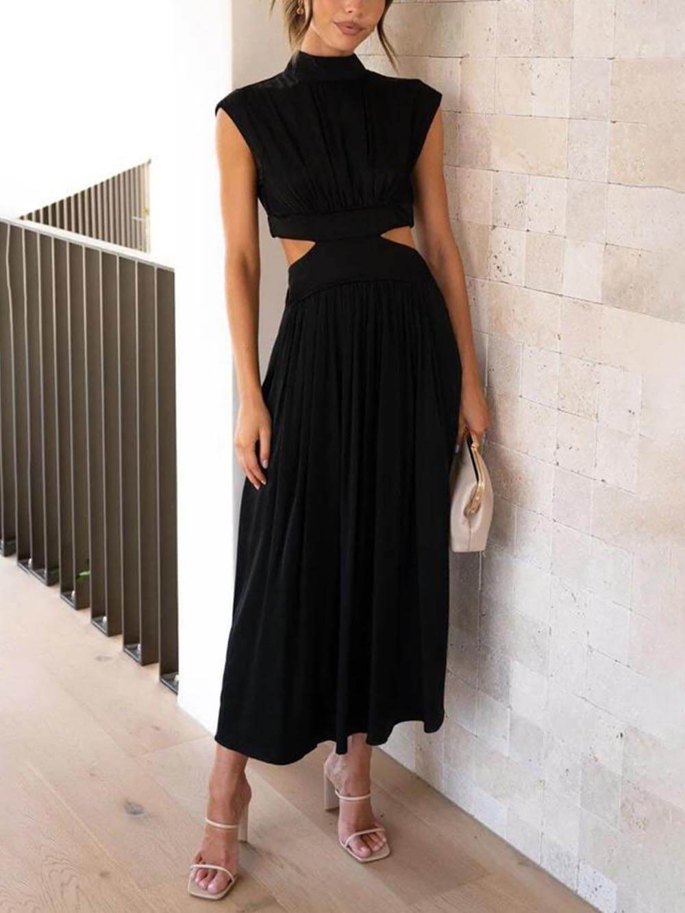 Holiday midi dress with cutout waist and pockets