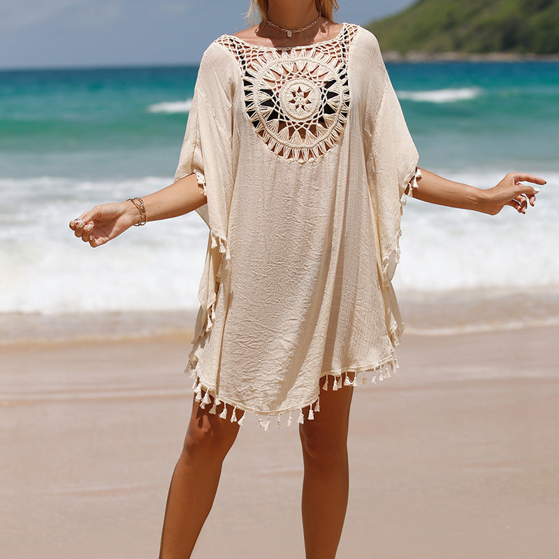 Handgehaakte losse franje zonnebloem strandblouse cover-up