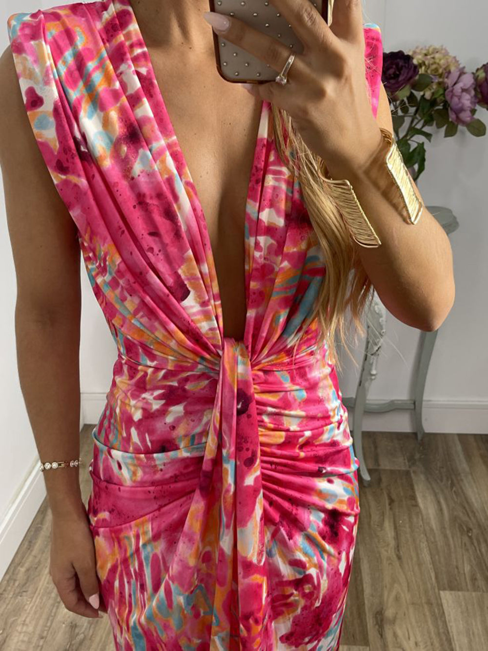 Tie-Dye Deep V Ruched Knotted Maxi Dress