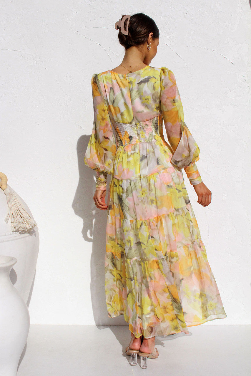 Painted Inspiration Maxi Dress with Balloon Sleeves and Flowers