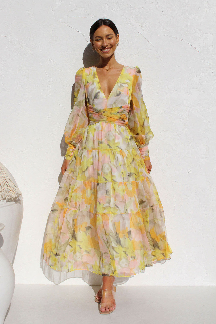 Painted Inspiration Maxi Dress with Balloon Sleeves and Flowers