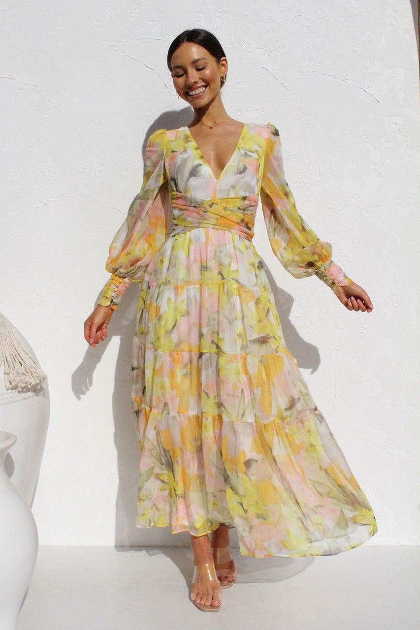 Painted Inspiration Maxi Dress with Balloon Sleeves and Flowers