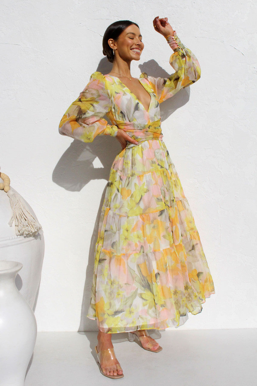 Painted Inspiration Maxi Dress with Balloon Sleeves and Flowers