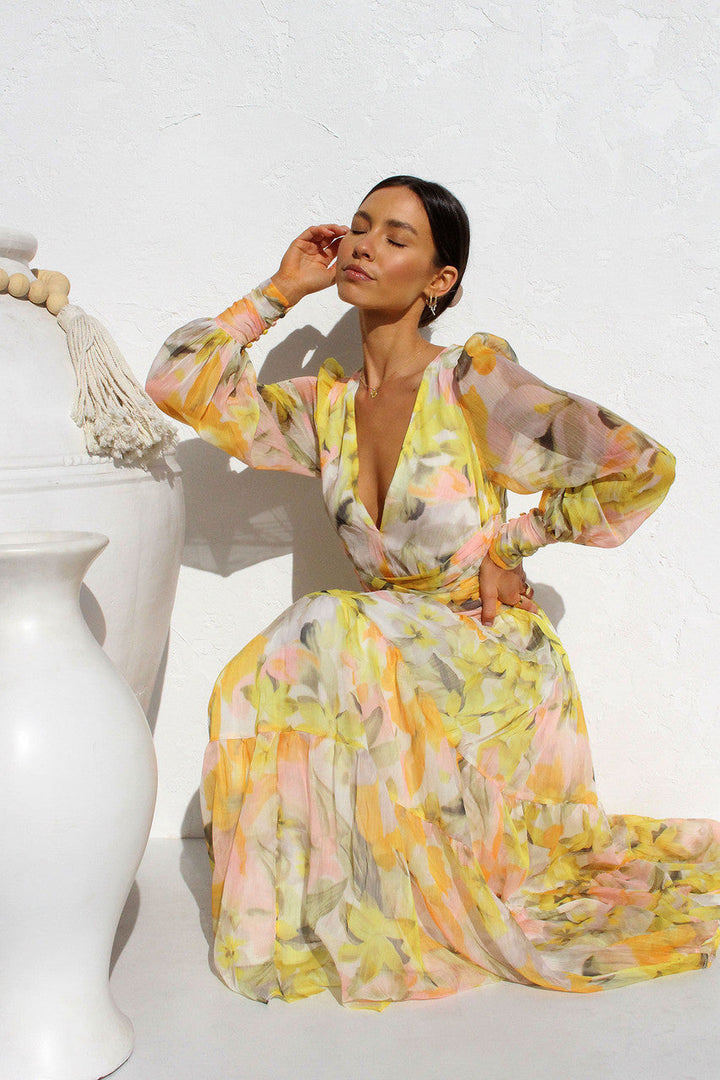 Painted Inspiration Maxi Dress with Balloon Sleeves and Flowers