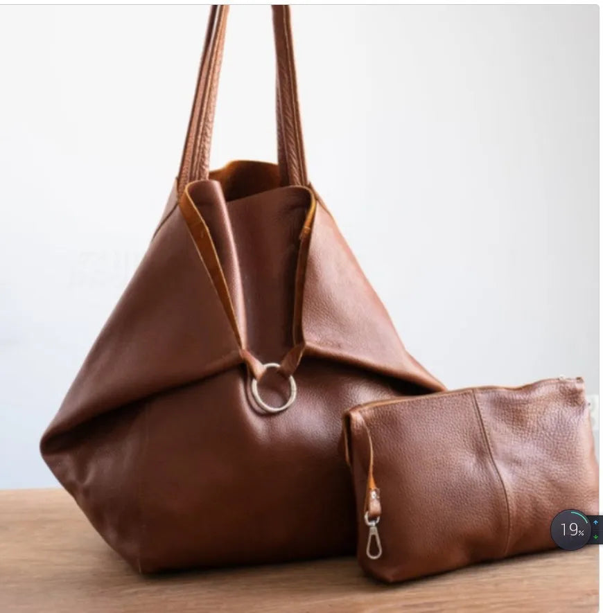 Sophie | Elegante Bruine Oversized Leren Tas met Bijpassende Portemonnee