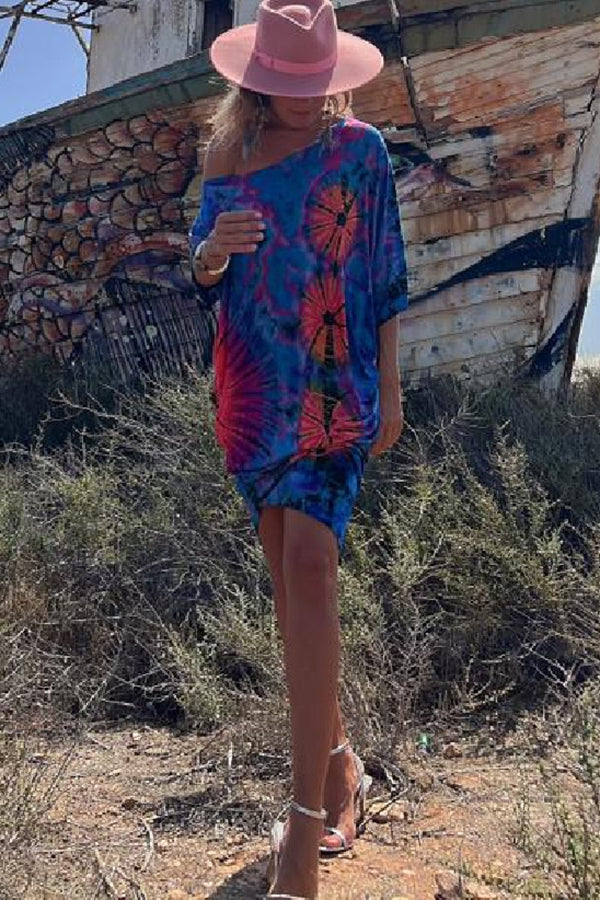 Mini-jurk met tie-dye-print en oversized kaftan met stretch