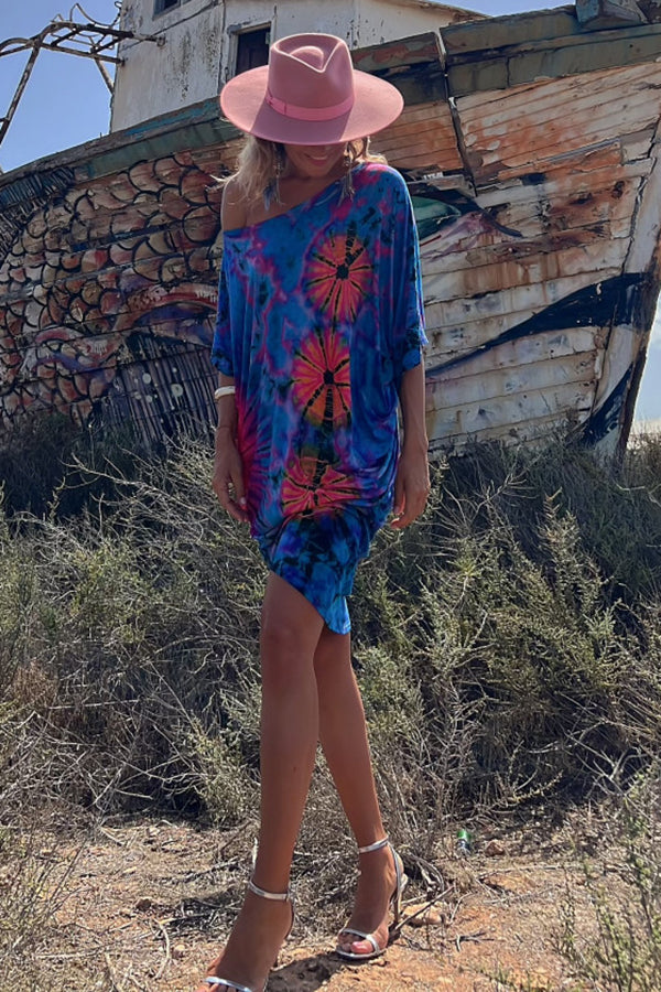 Mini-jurk met tie-dye-print en oversized kaftan met stretch