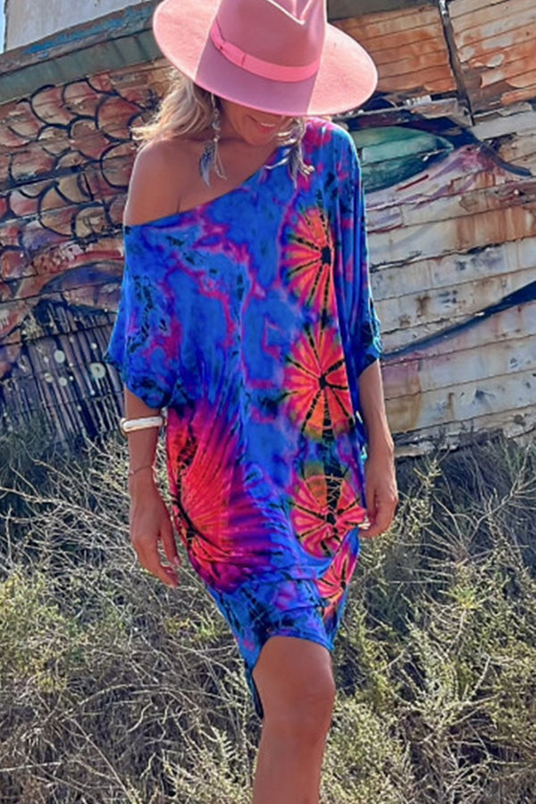 Mini-jurk met tie-dye-print en oversized kaftan met stretch