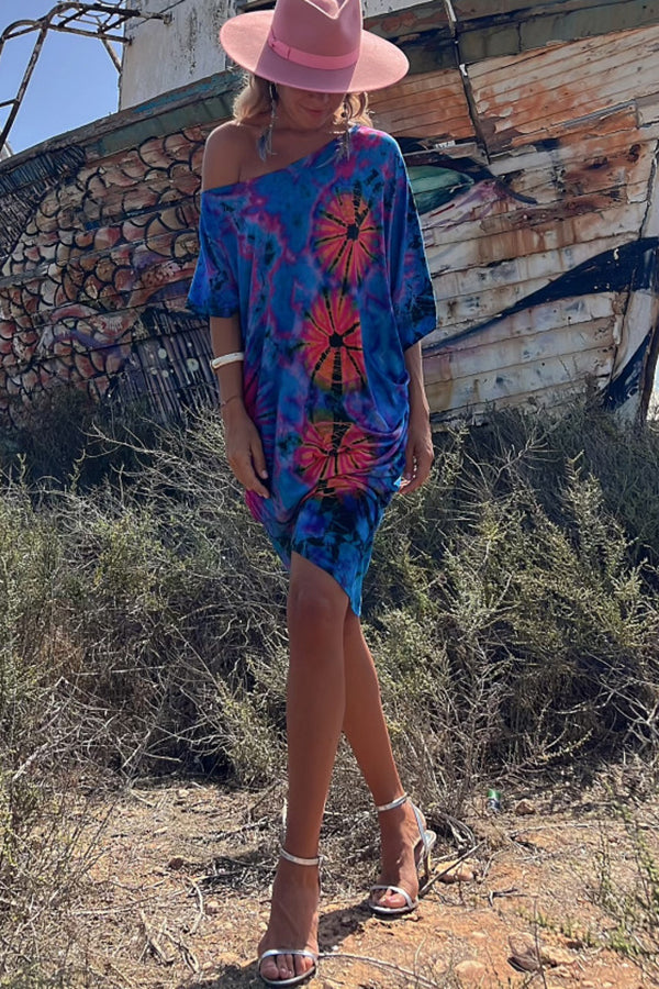 Mini-jurk met tie-dye-print en oversized kaftan met stretch