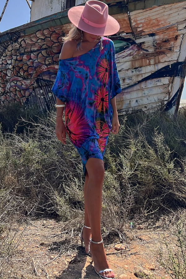 Mini-jurk met tie-dye-print en oversized kaftan met stretch