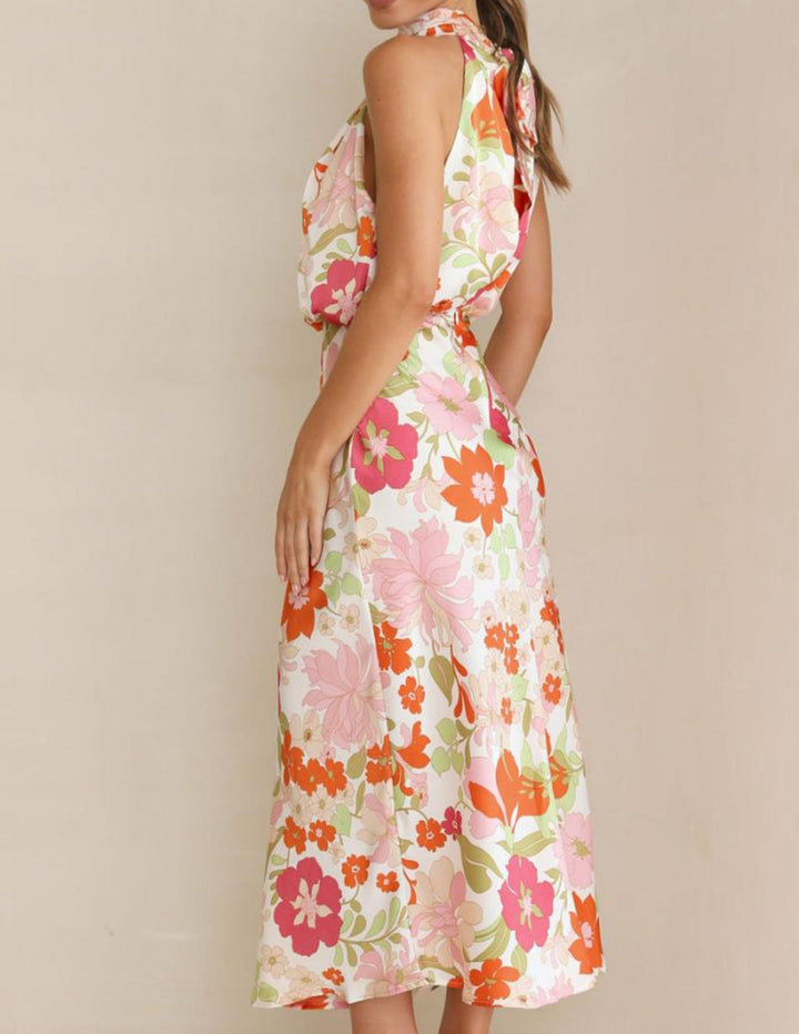 Maxi-jurk met bloemenhalterhals en elastische taille