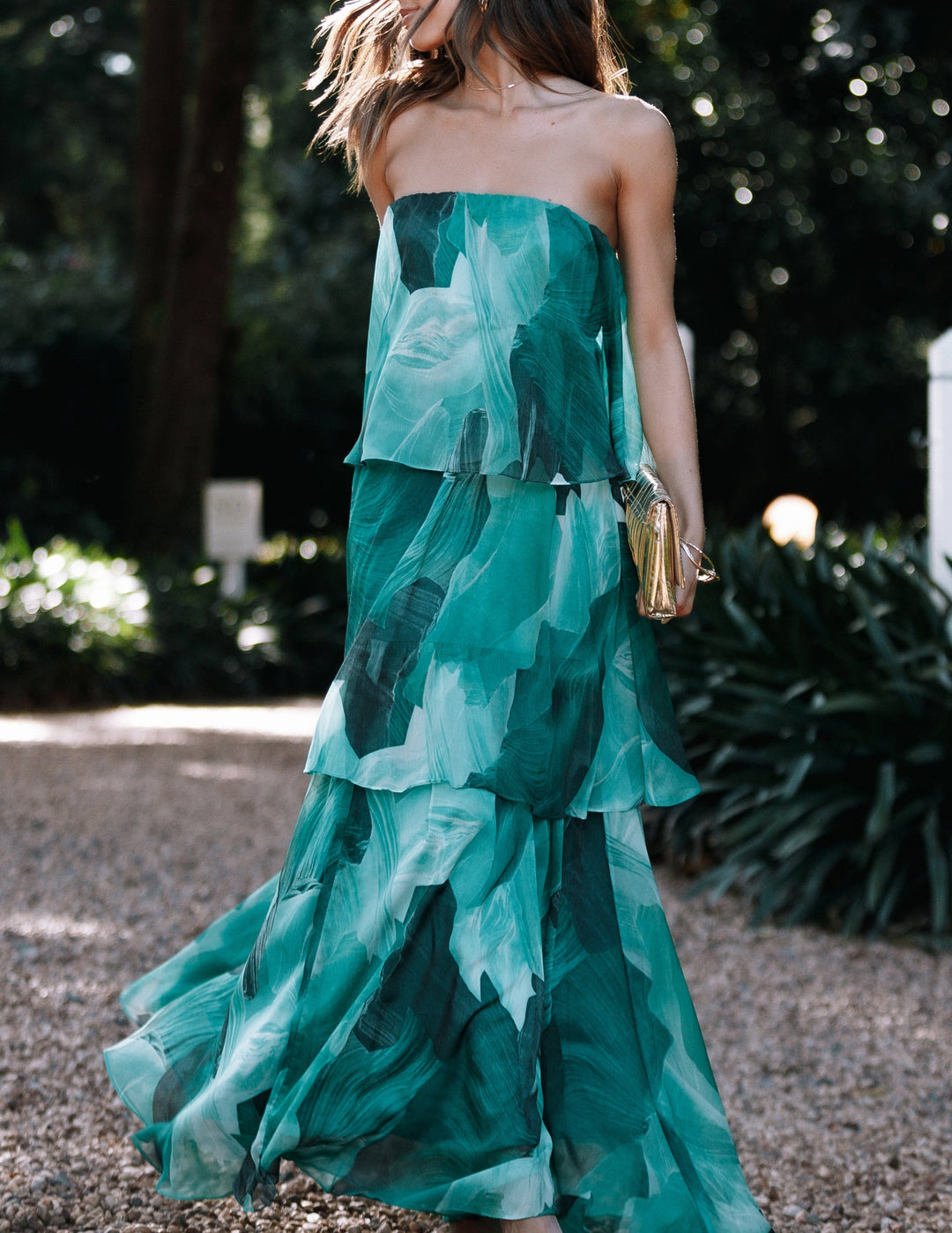 Calista Green Bloom Strapless Layered Maxi Dress