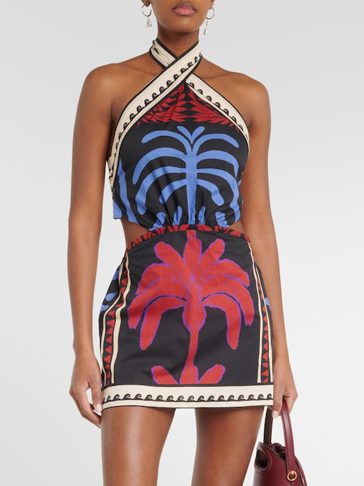 Unique summer print halter neck mini dress